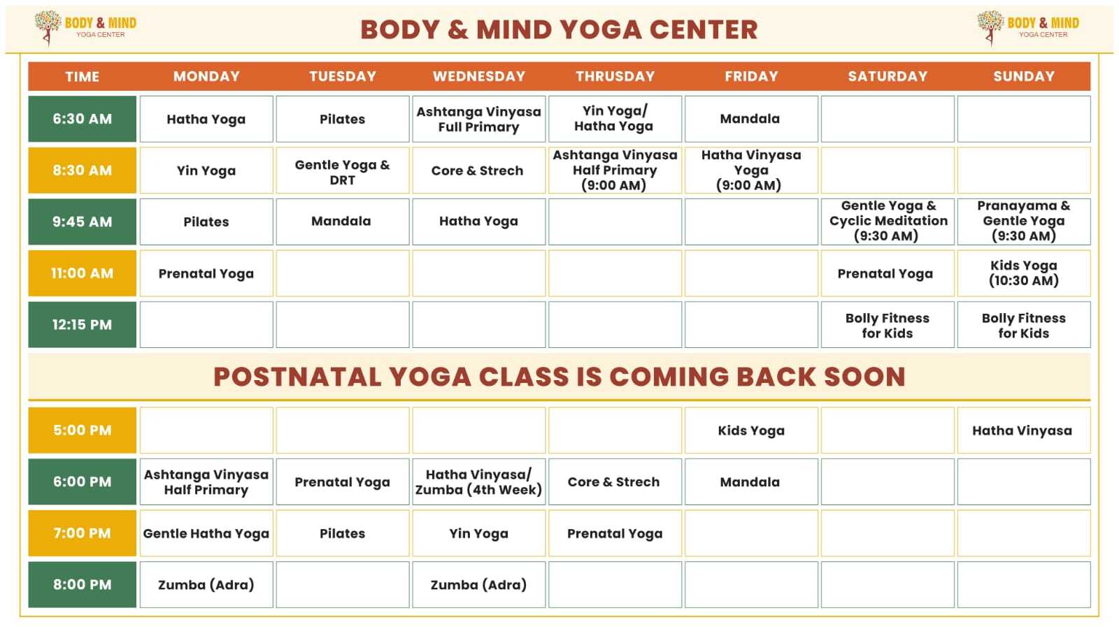 Yoga classes schedule