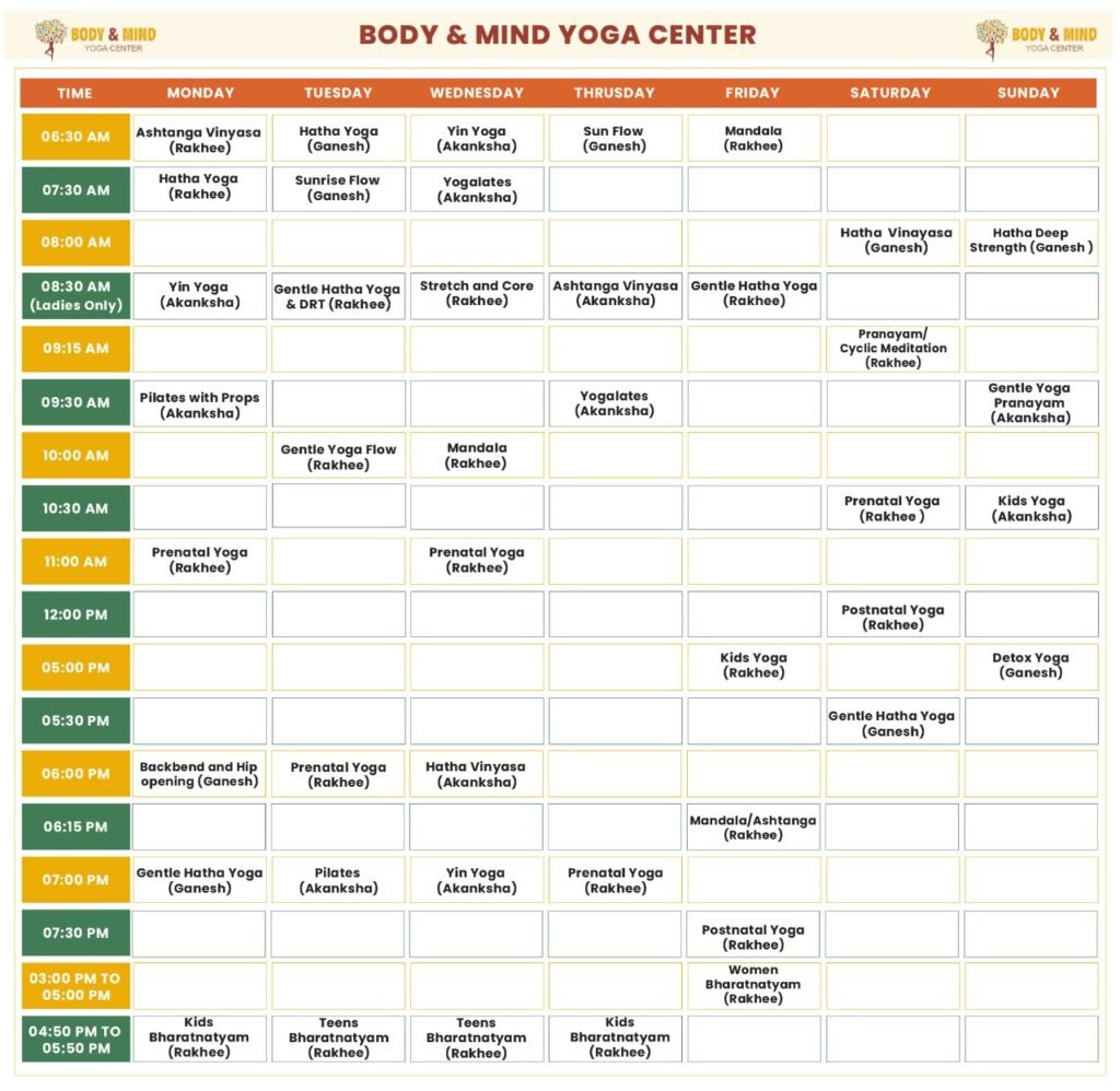 Updated schedule body and mind yoga classes